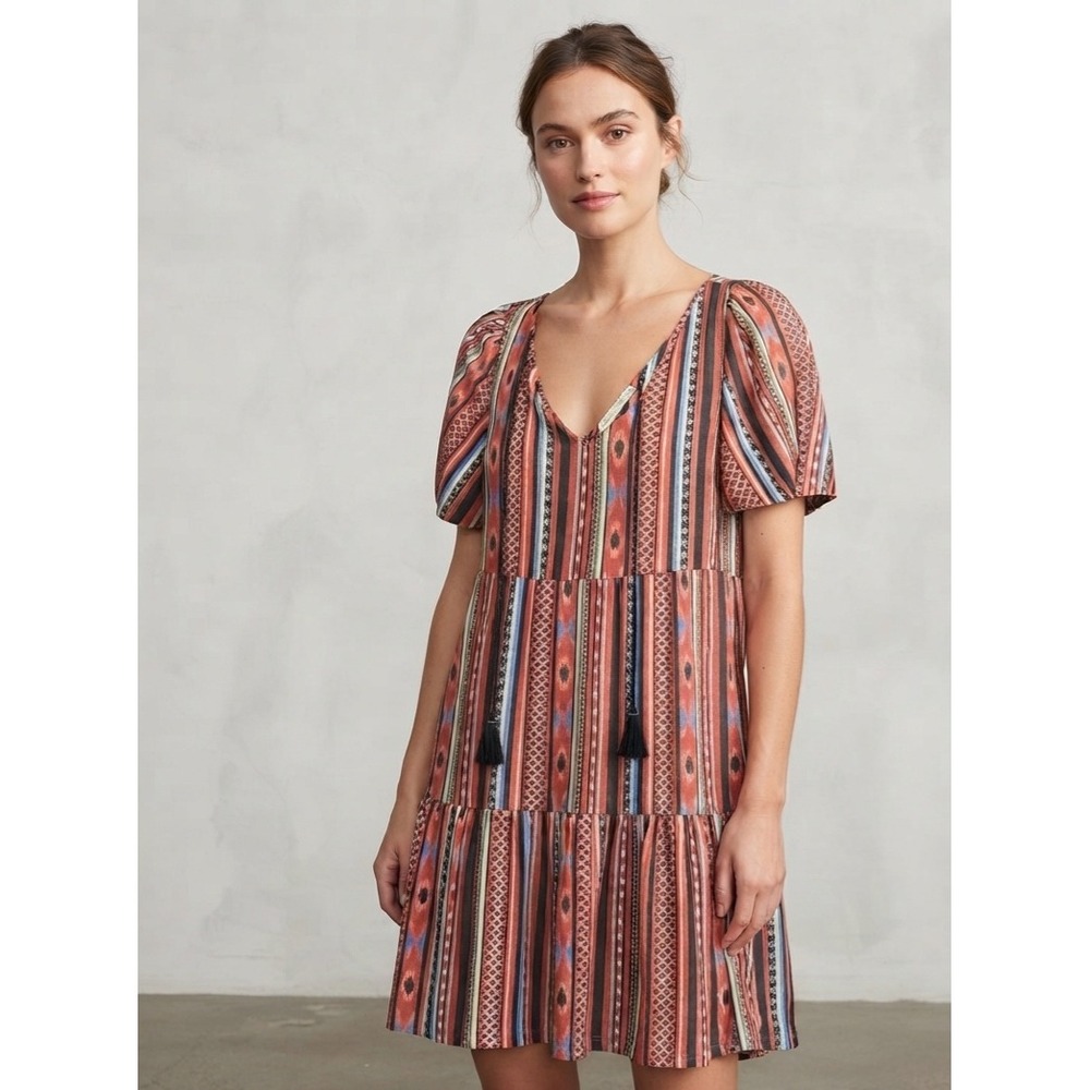 Black Tape Boho Tribal Geometric Tiered Tassel Puff Sleeve Mini Dress Size M